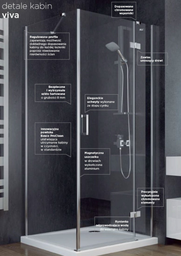 Zdjęcie Drzwi prysznicowe przejrzyste szkło lewe Besco Viva 100×195 cm DVL-100-195C