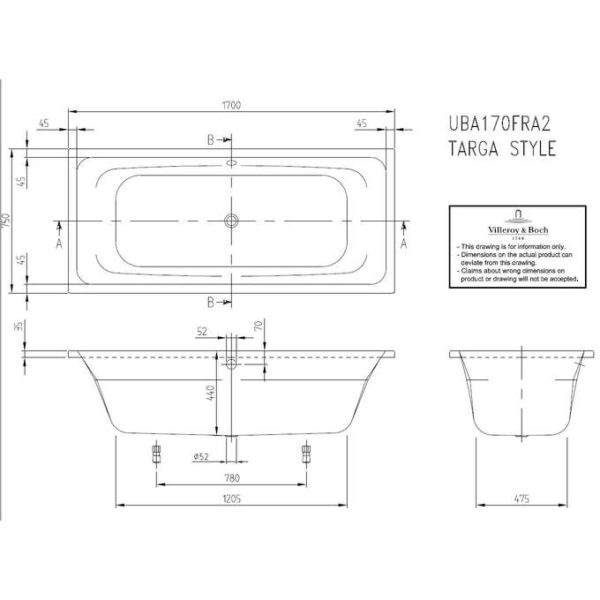 Zdjęcie Zestaw – Wanna akrylowa prostokątna Villeroy&Boch Targa Style 170×75 cm biały UBA170FRA2V-01 + nóżki plastikowe U99740000