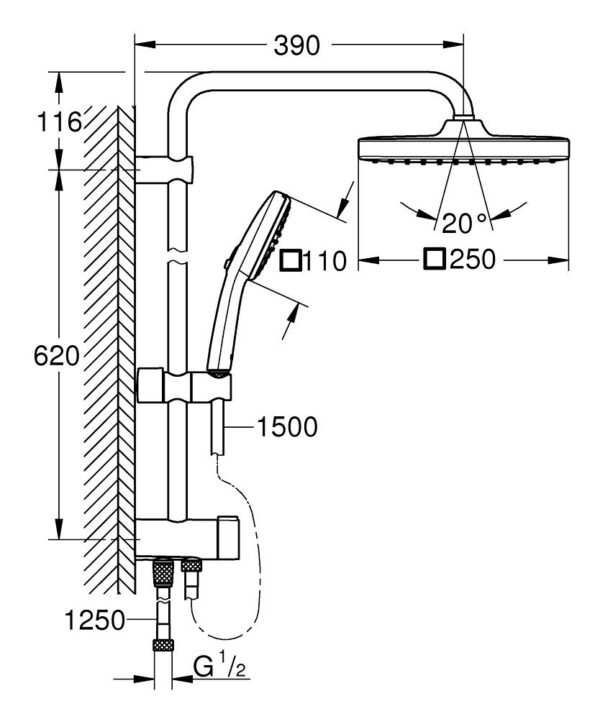 Zdjęcie GROHE Quickfix – system prysznicowy Vitalio Comfort 250 z przełącznikiem do montażu ściennego chrom 26698001