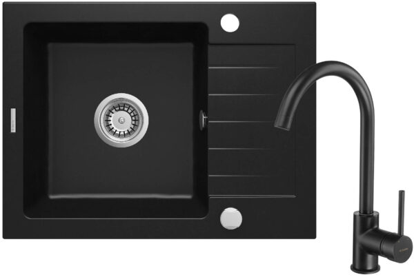 Zdjęcie Zlewozmywak granitowy 58×44 cm z baterią kuchenną Deante Zorba czarny mat ZQZAN11A